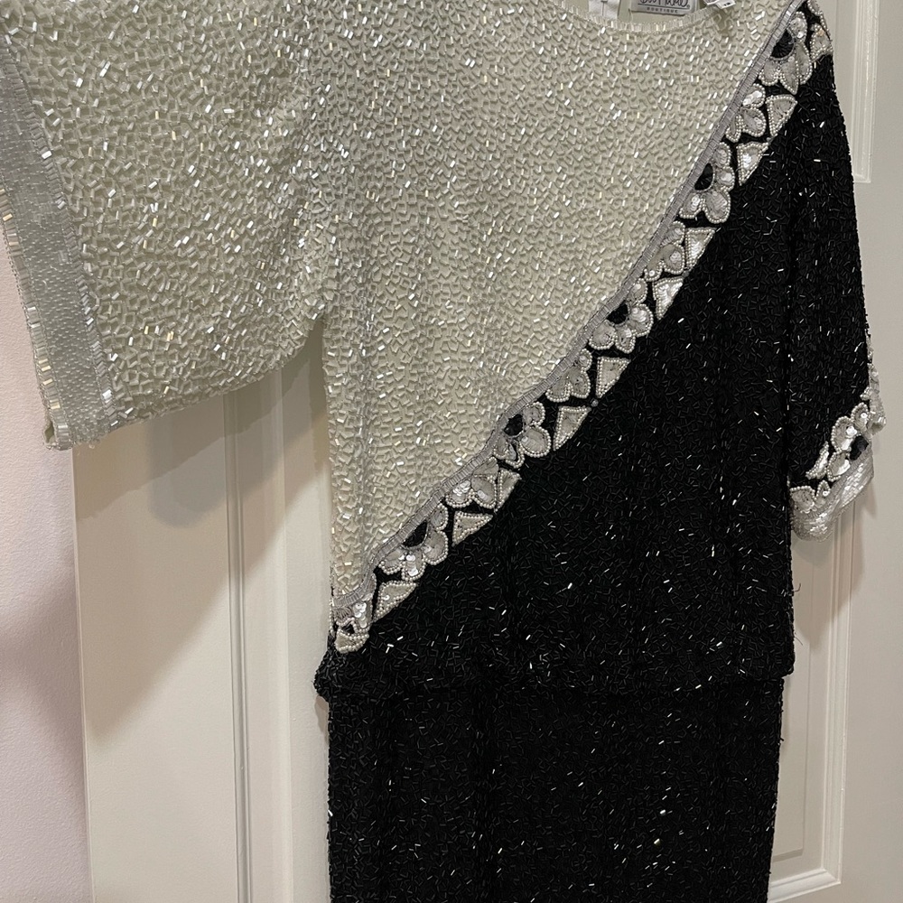 BOB MACKIE Beaded Sequence Dress Fully Embellished Black/White/Cream US Size 12